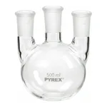 Merck Pyrex round-bottom three neck vertical unequal height flask