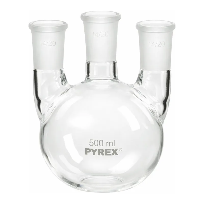 Merck Pyrex round-bottom three neck vertical unequal height flask