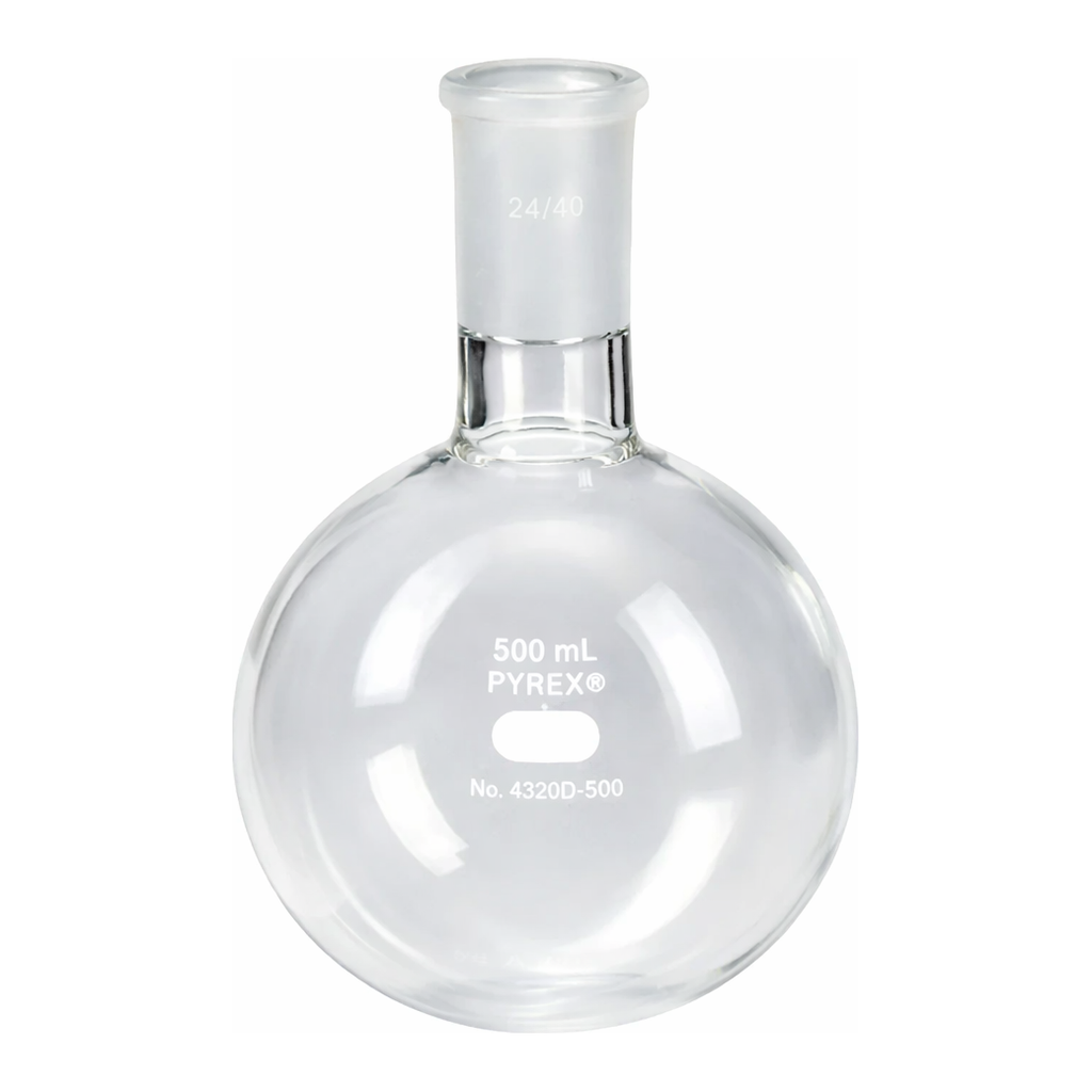 Merck Pyrex round-bottom heavy wall boiling flask, short neck with joint