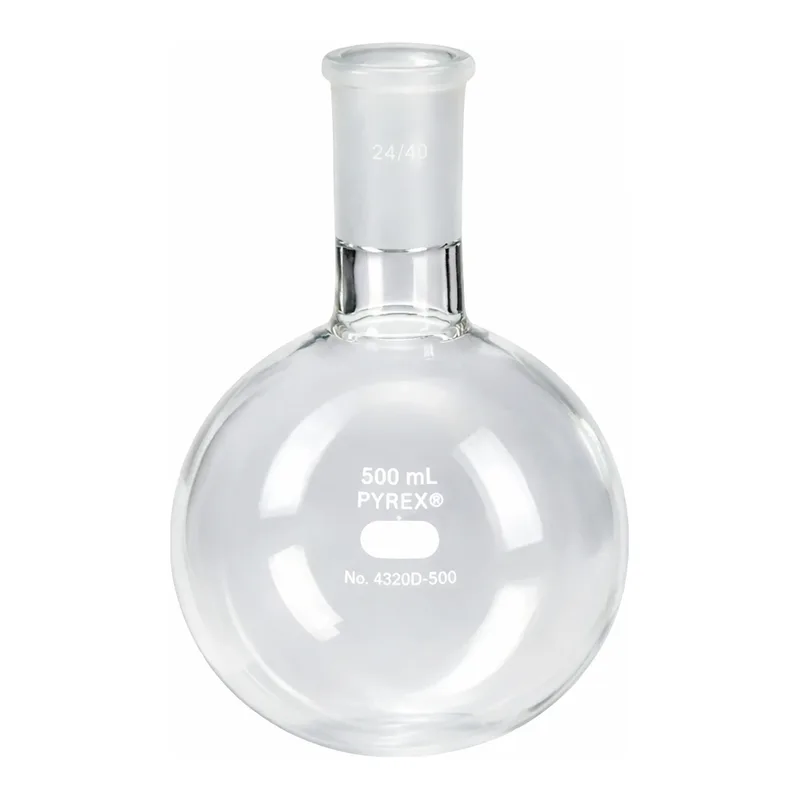 Merck Pyrex round-bottom heavy wall boiling flask, short neck with joint