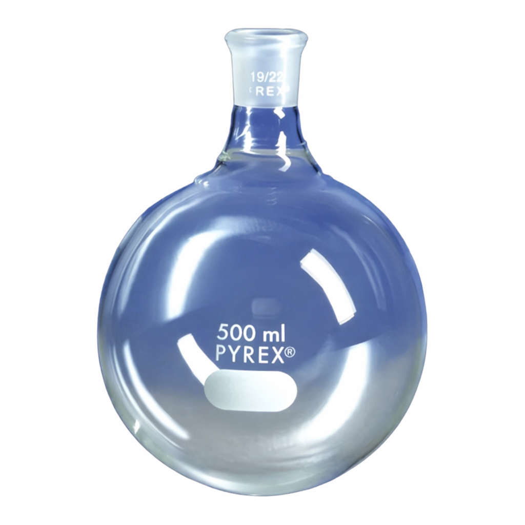 Merck Pyrex round-bottom boiling flask, short neck