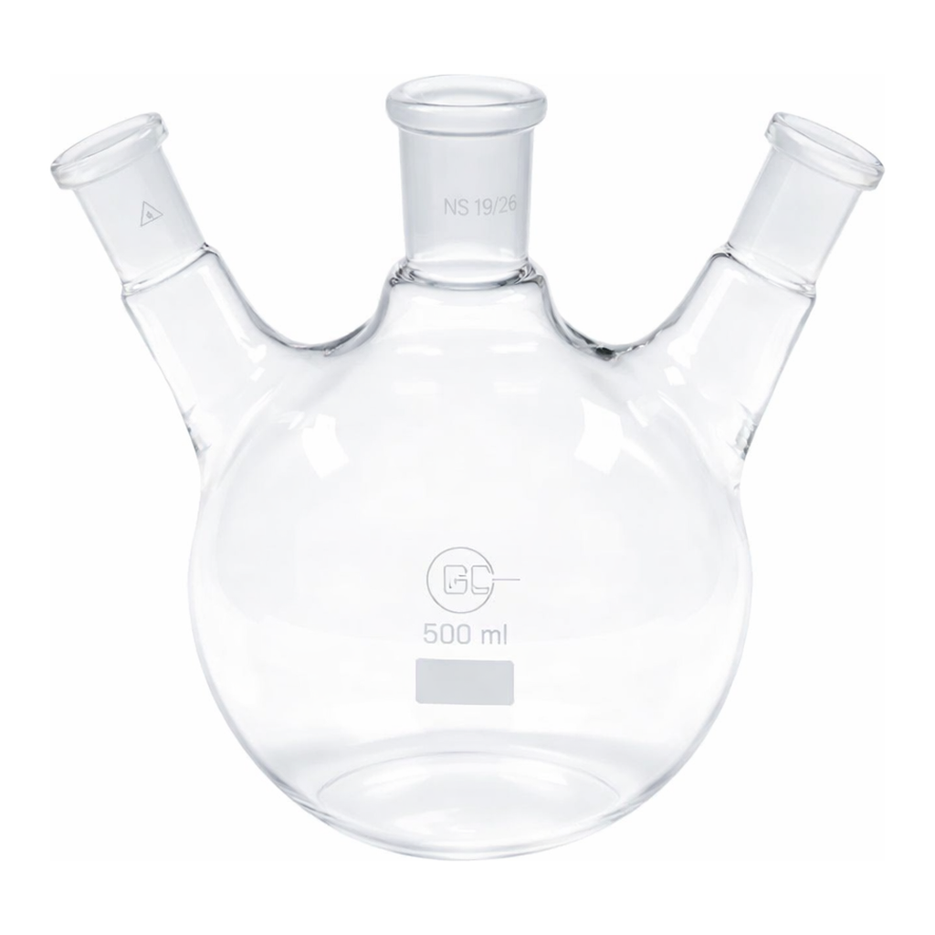 Merck Quickfit three-neck round-bottom flasks with angled necks