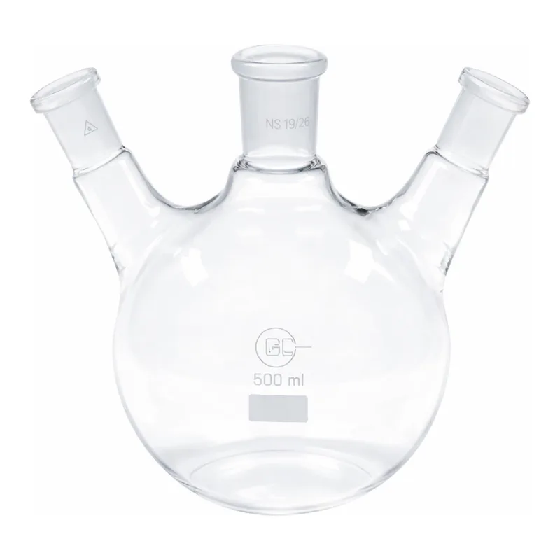 Merck Quickfit three-neck round-bottom flasks with angled necks