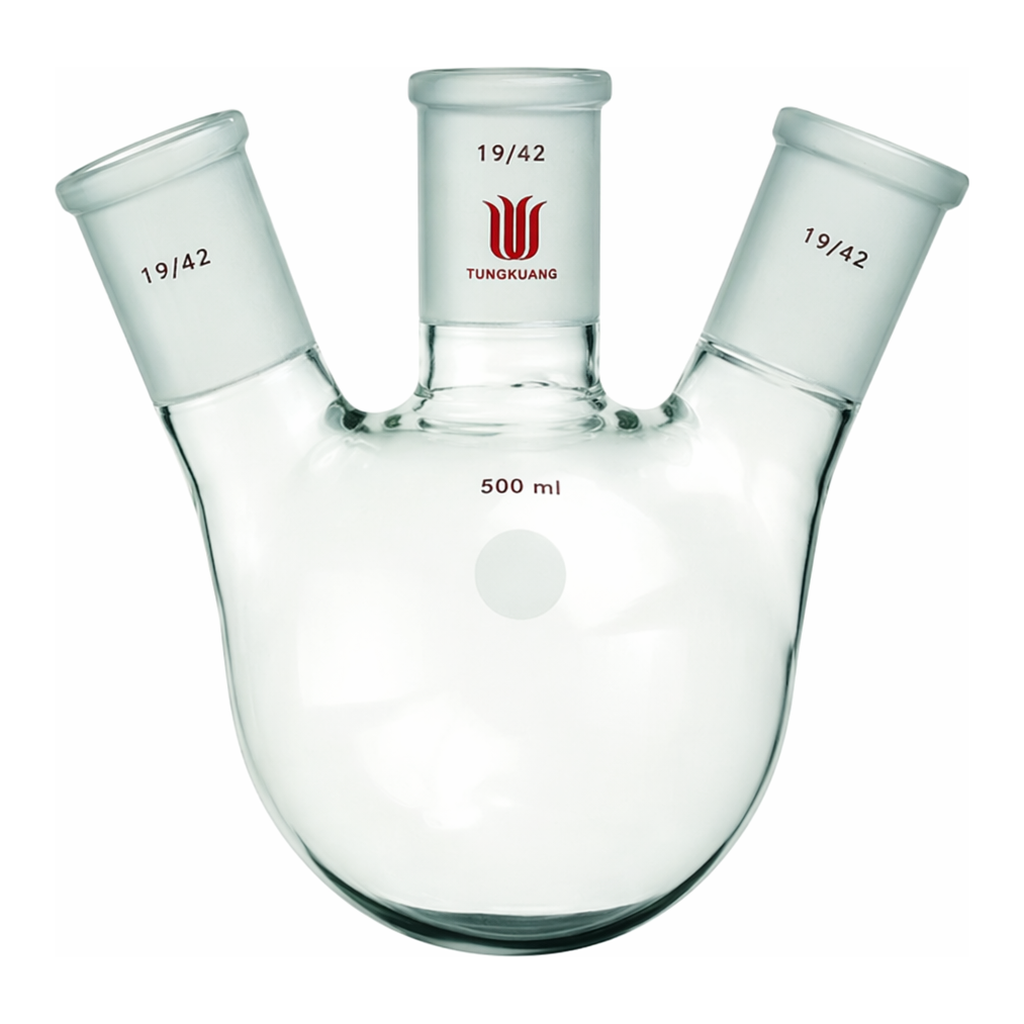 Merck Synthware three neck round bottom flask with angled side necks