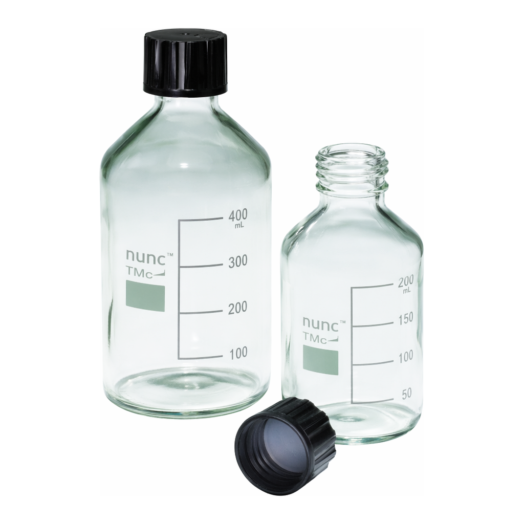 Merck Pyrex Reagent bottles, round bottom with reusable screw caps