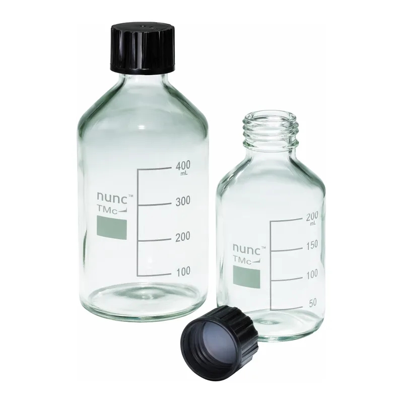 Merck Pyrex Reagent bottles, round bottom with reusable screw caps