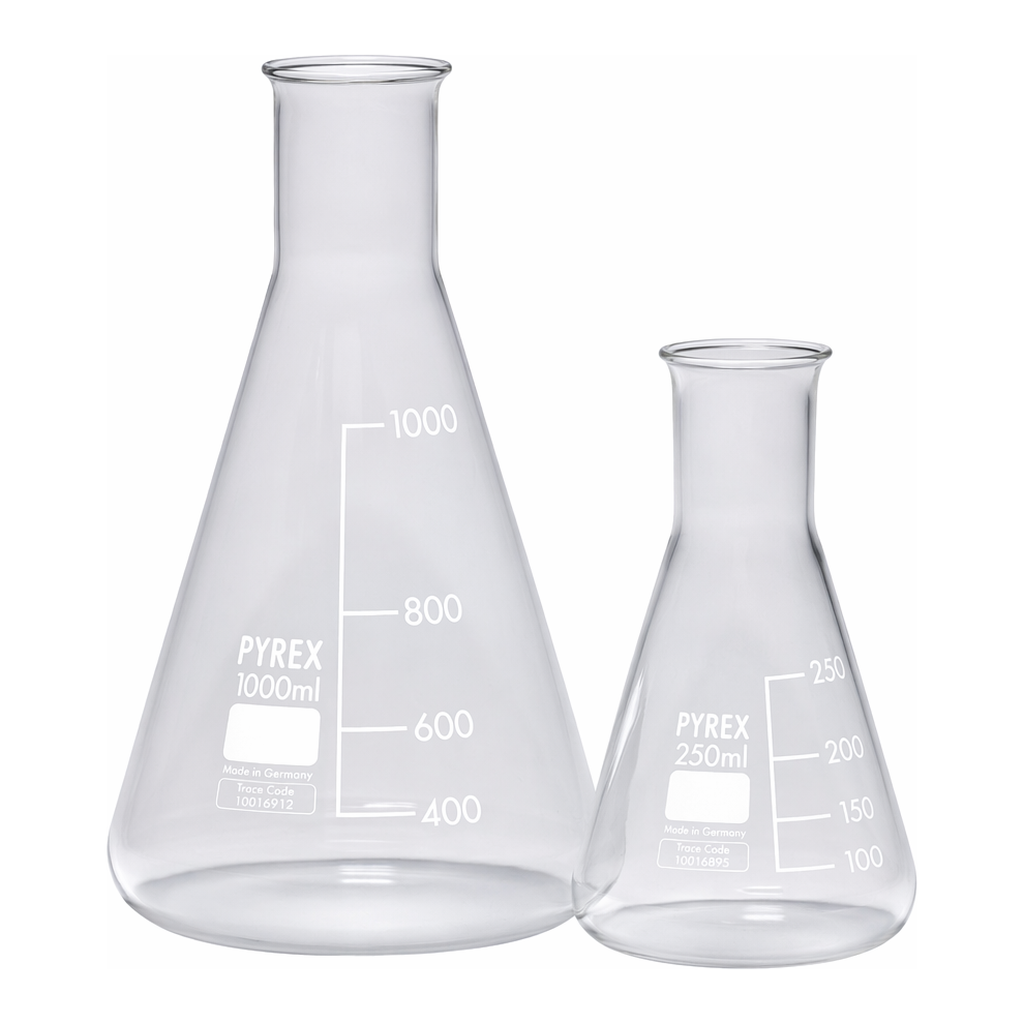 Merck Pyrex Erlenmeyer flask, narrow neck, with printed trace code