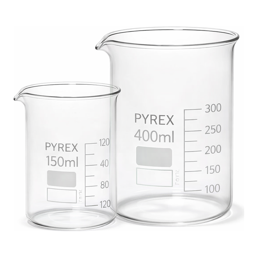 Merck Pyrex Griffin beakers, low form, with printed trace code