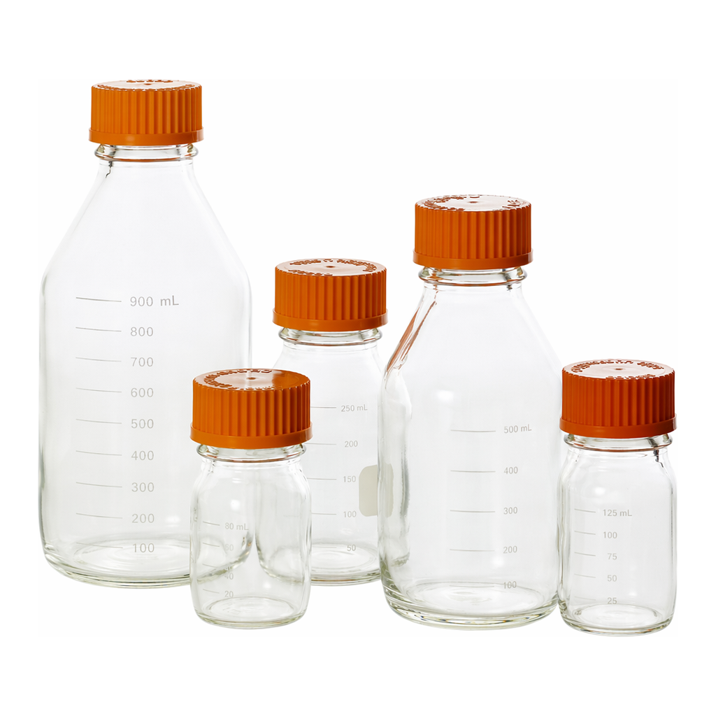 Merck Pyrex round media storage bottles and reusable screw caps