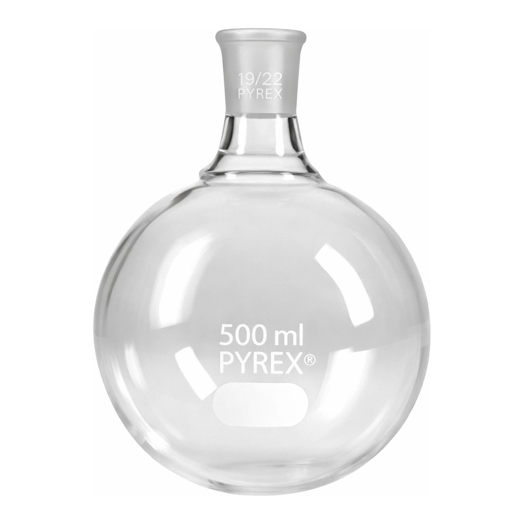 Merck Pyrex round-bottom boiling flask, short neck