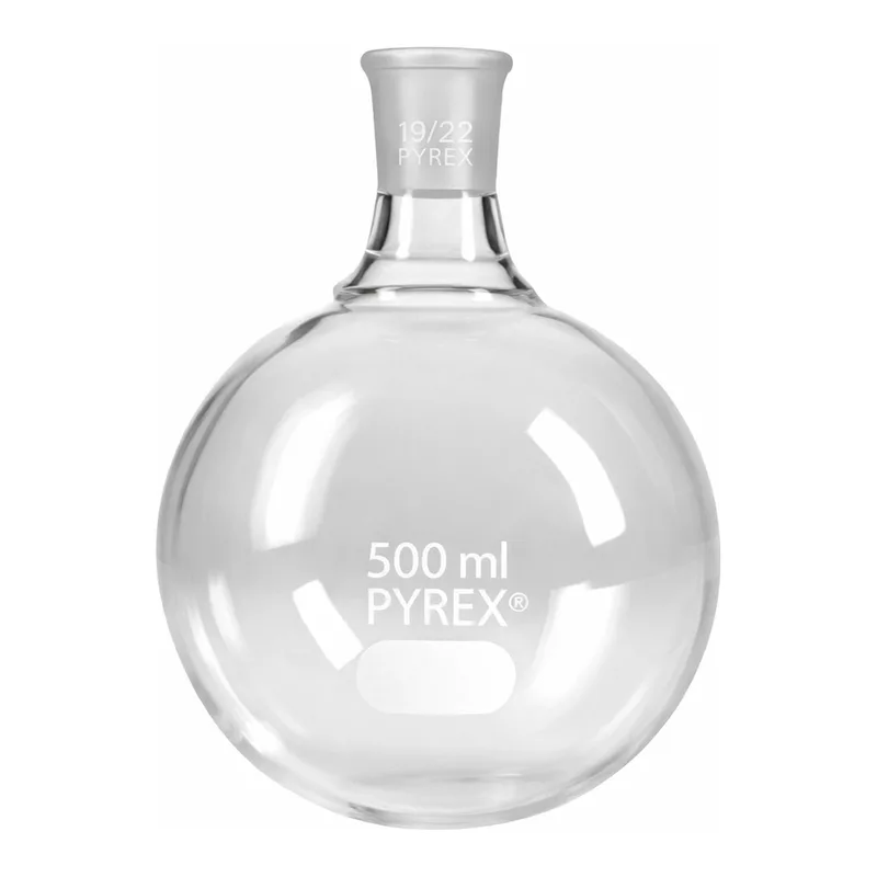 Merck Pyrex round-bottom boiling flask, short neck
