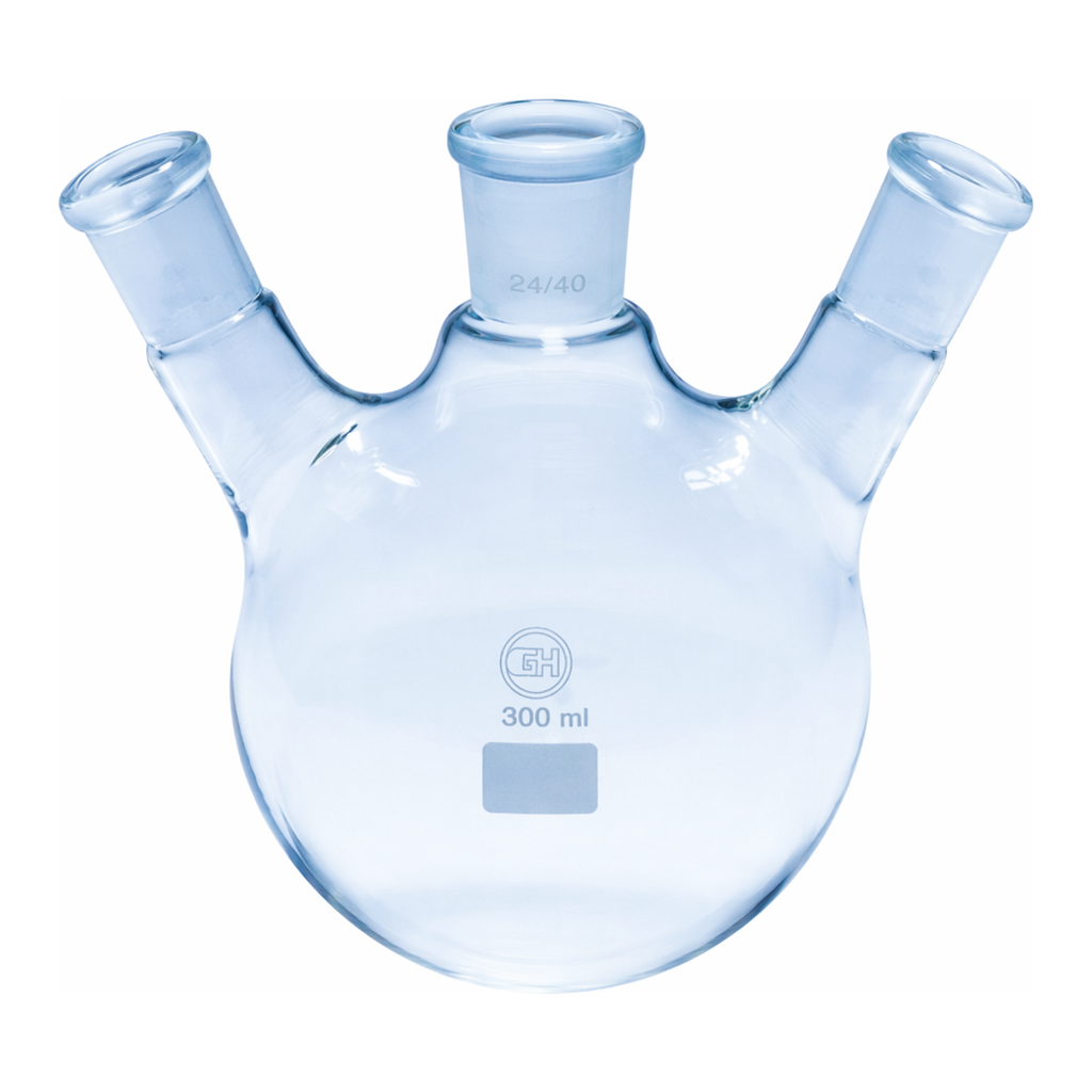 Merck Quickfit three-neck round-bottom flasks with angled necks