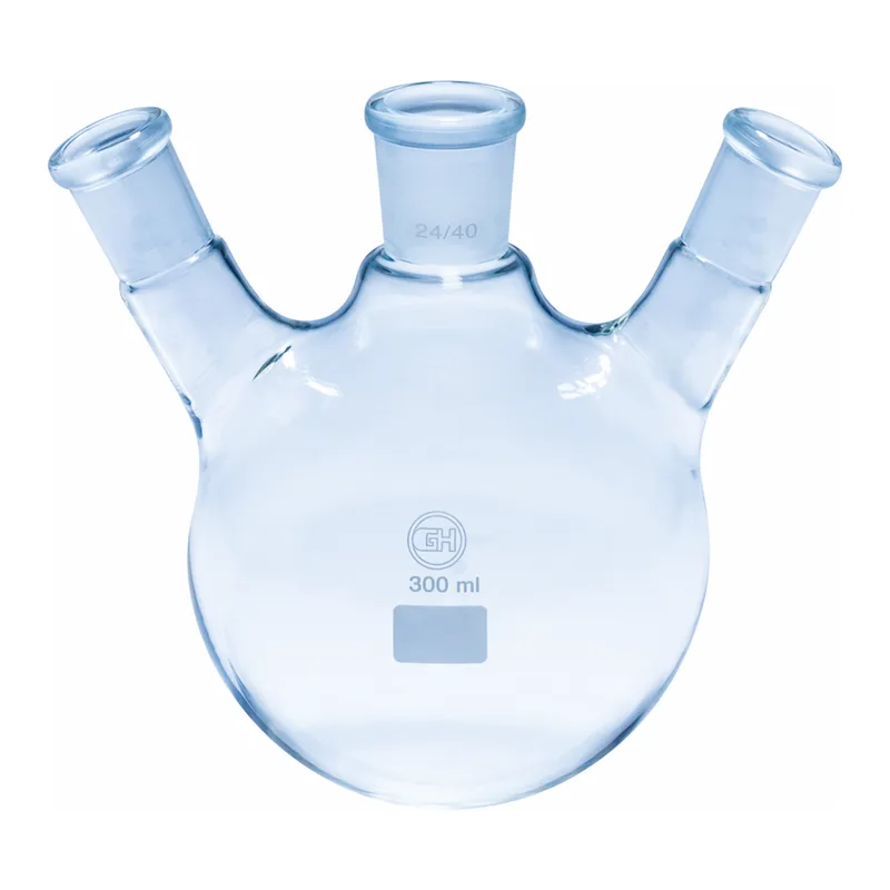 Merck Quickfit three-neck round-bottom flasks with angled necks