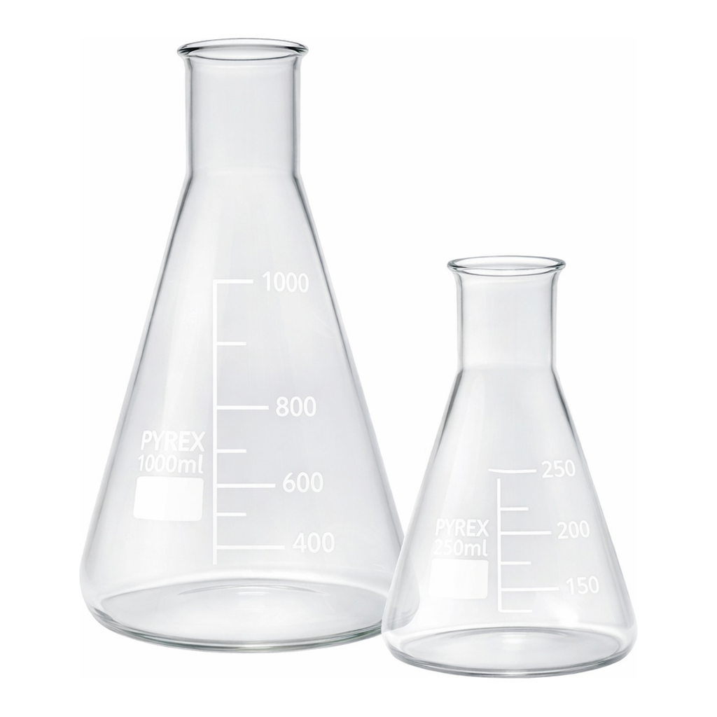 Merck Pyrex Erlenmeyer flask, narrow neck, with printed trace code