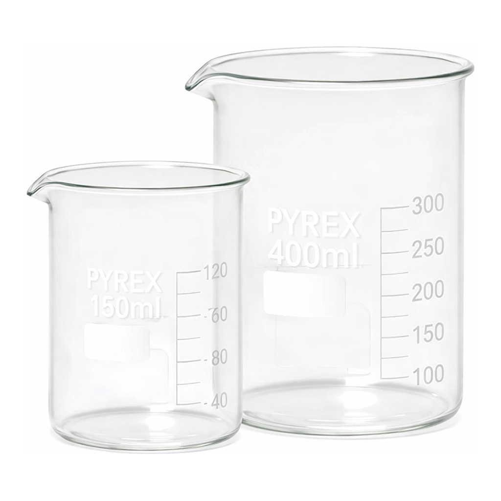 Merck Pyrex Griffin beakers, low form, with printed trace code