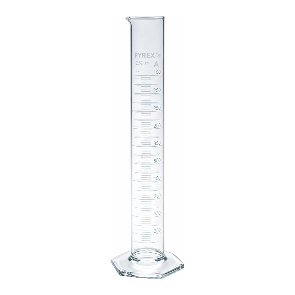 Merck Pyrex Measuring cylinder with spout, class A with white graduations