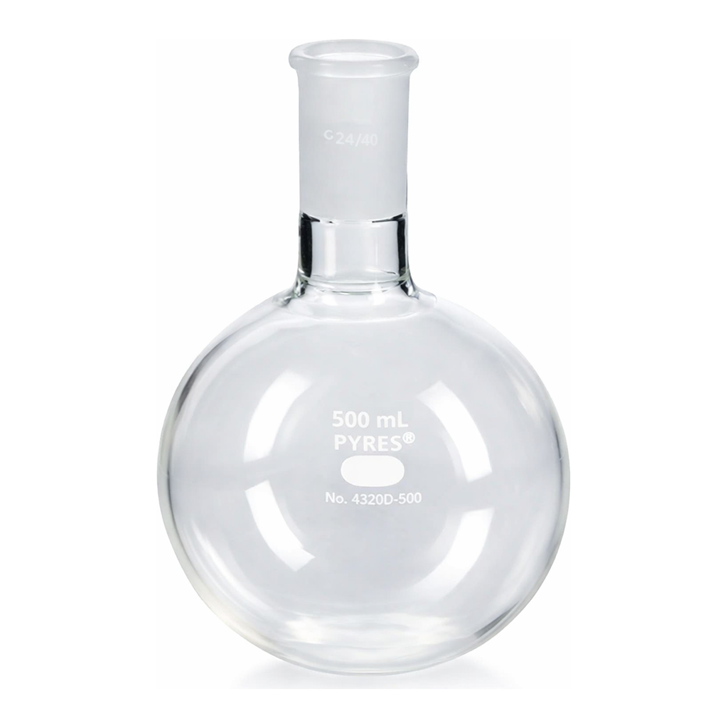 Merck Pyrex round-bottom heavy wall boiling flask, short neck with joint