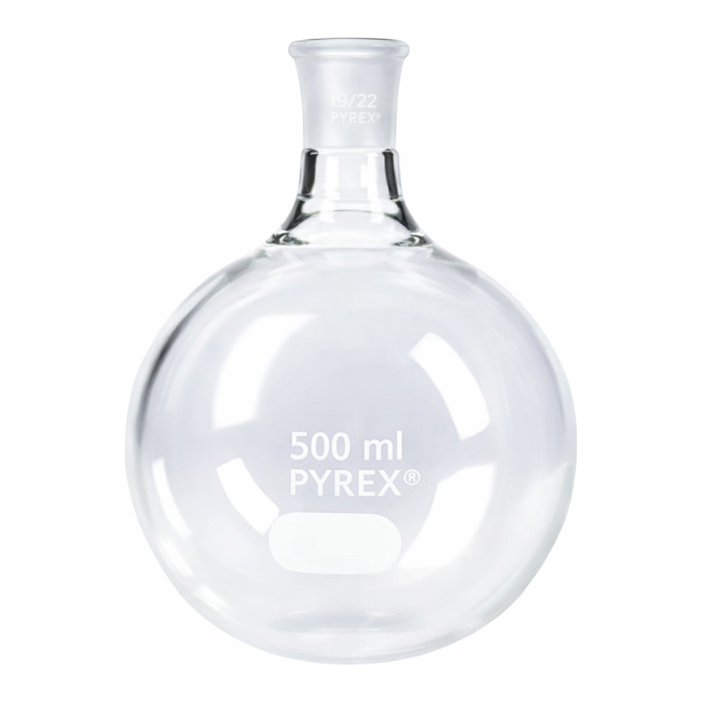 Merck Pyrex round-bottom boiling flask, short neck