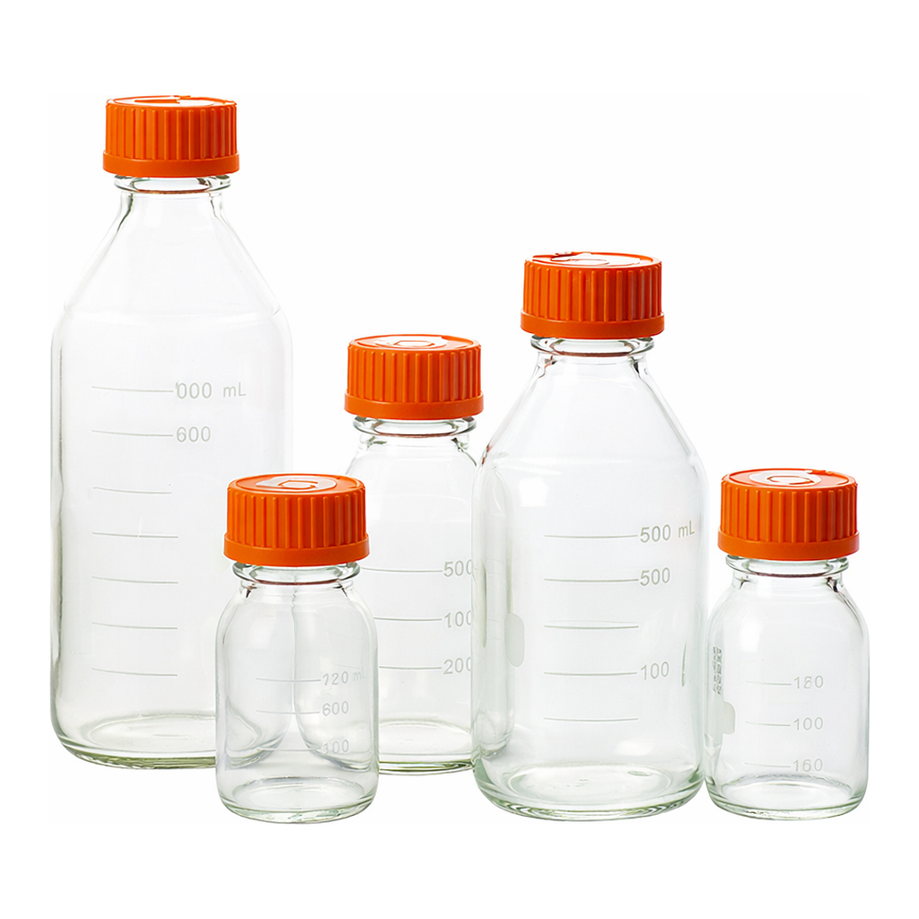Merck Pyrex round media storage bottles and reusable screw caps