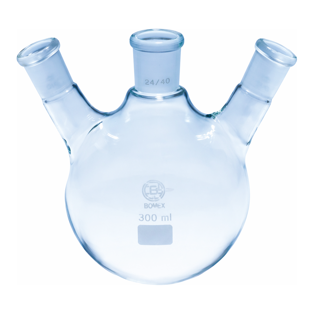 Merck Quickfit three-neck round-bottom flasks with angled necks