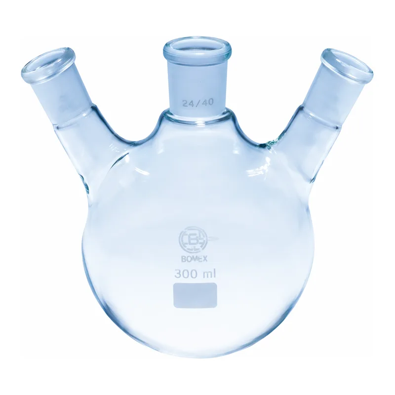 Merck Quickfit three-neck round-bottom flasks with angled necks