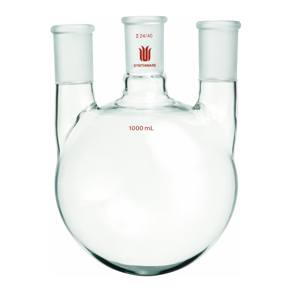 Merck Synthware three neck round bottom flask with vertical side necks