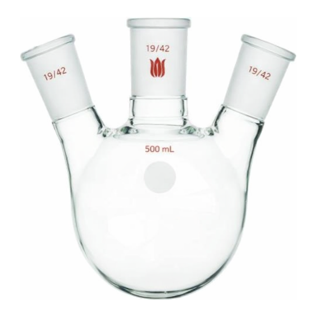 Merck Synthware three neck round bottom flask with angled side necks