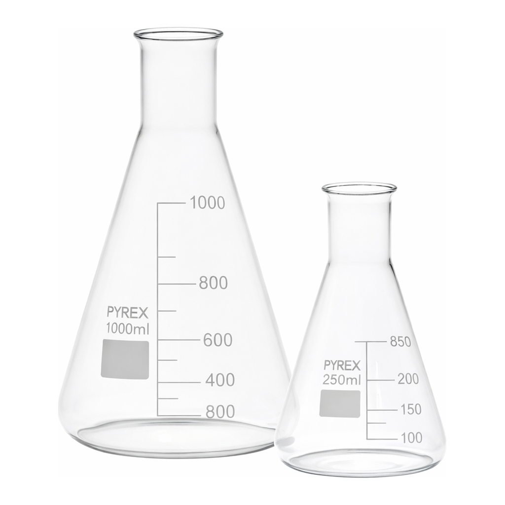 Merck Pyrex Erlenmeyer flask, narrow neck, with printed trace code