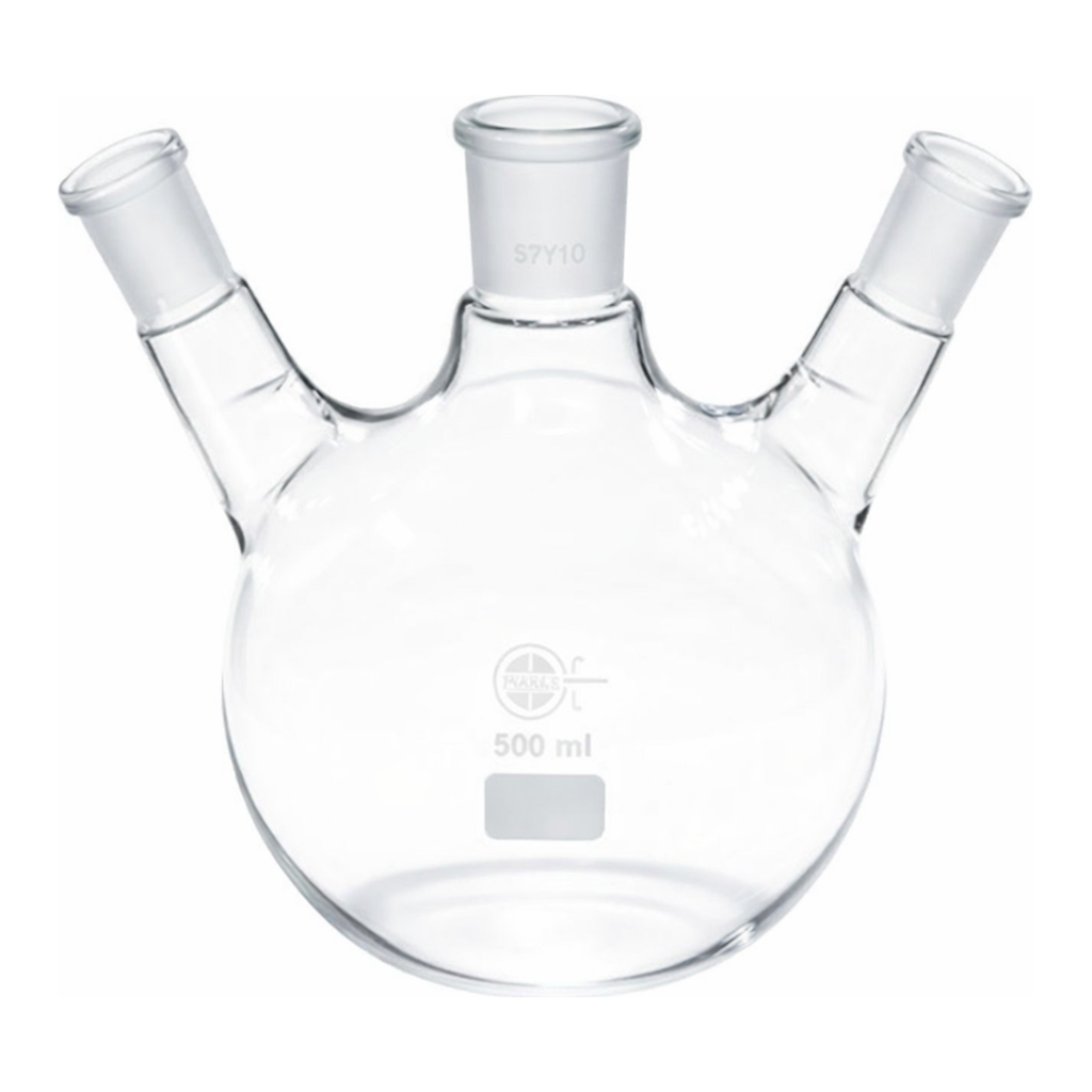 Merck Quickfit three-neck round-bottom flasks with angled necks