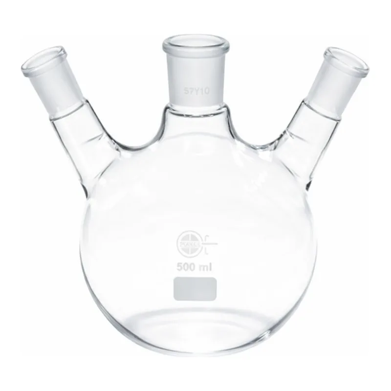 Merck Quickfit three-neck round-bottom flasks with angled necks