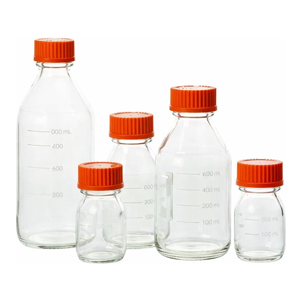 Merck Pyrex round media storage bottles and reusable screw caps