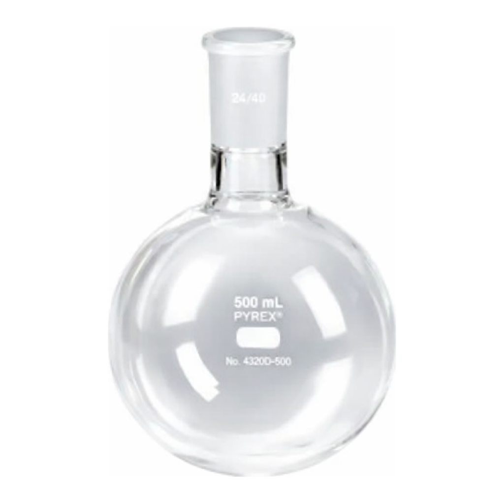 Merck Pyrex round-bottom heavy wall boiling flask, short neck with joint