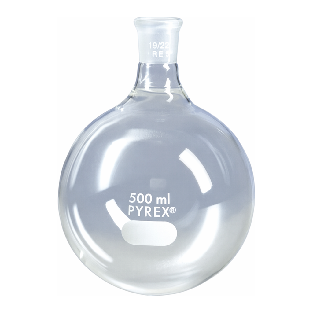 Merck Pyrex round-bottom boiling flask, short neck