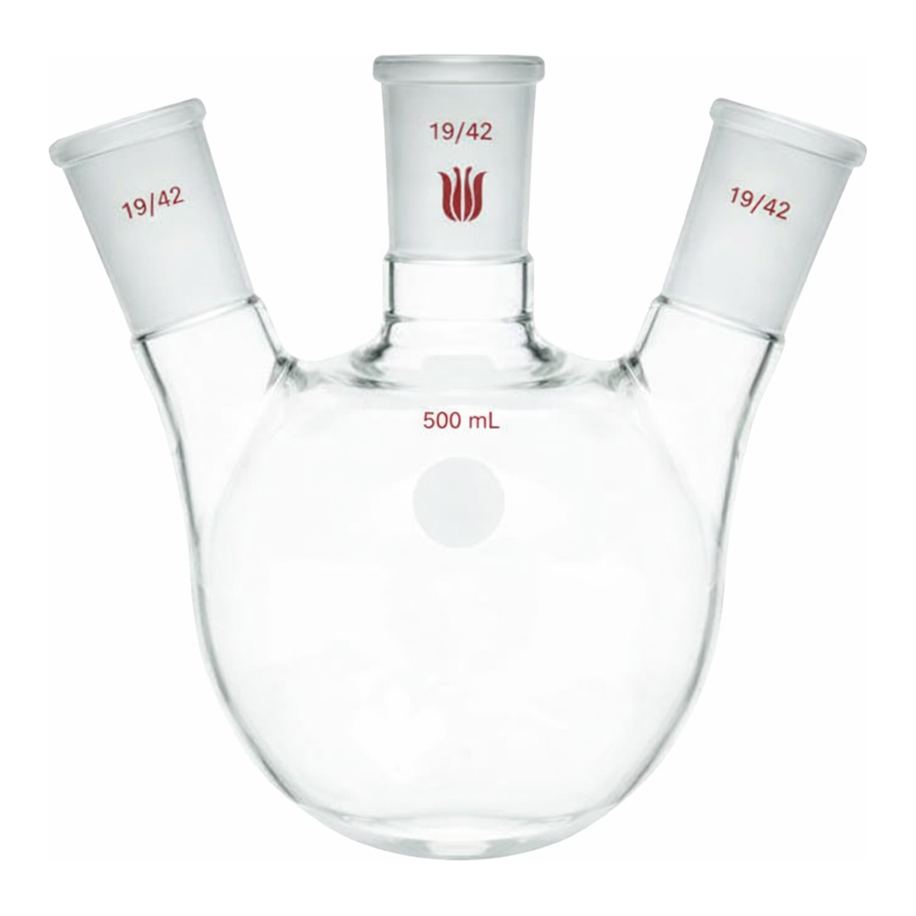 Merck Synthware three neck round bottom flask with angled side necks
