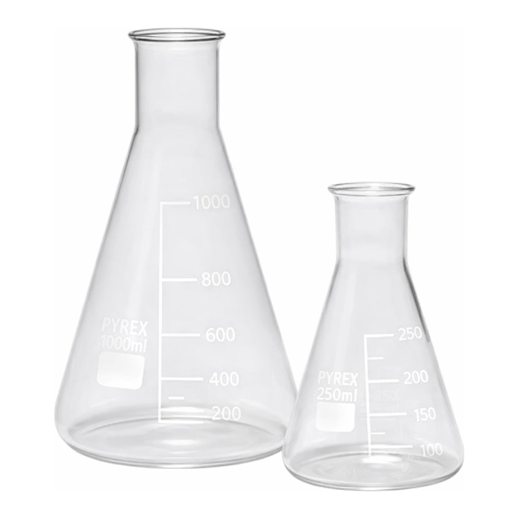 Merck Pyrex Erlenmeyer flask, narrow neck, with printed trace code
