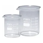 Merck Pyrex Griffin beakers, low form, with printed trace code
