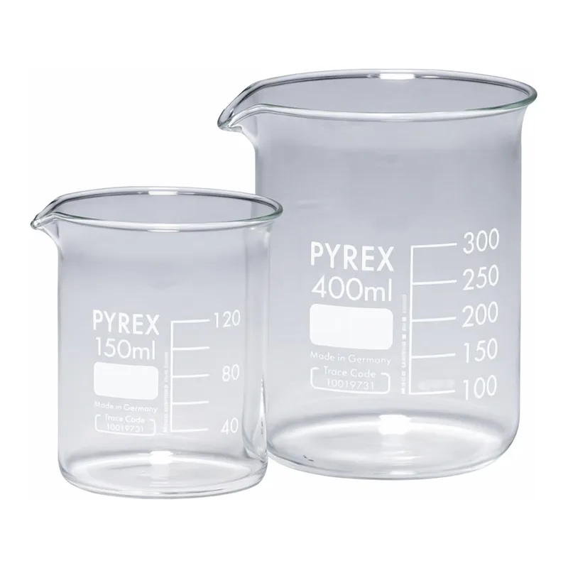 Merck Pyrex Griffin beakers, low form, with printed trace code