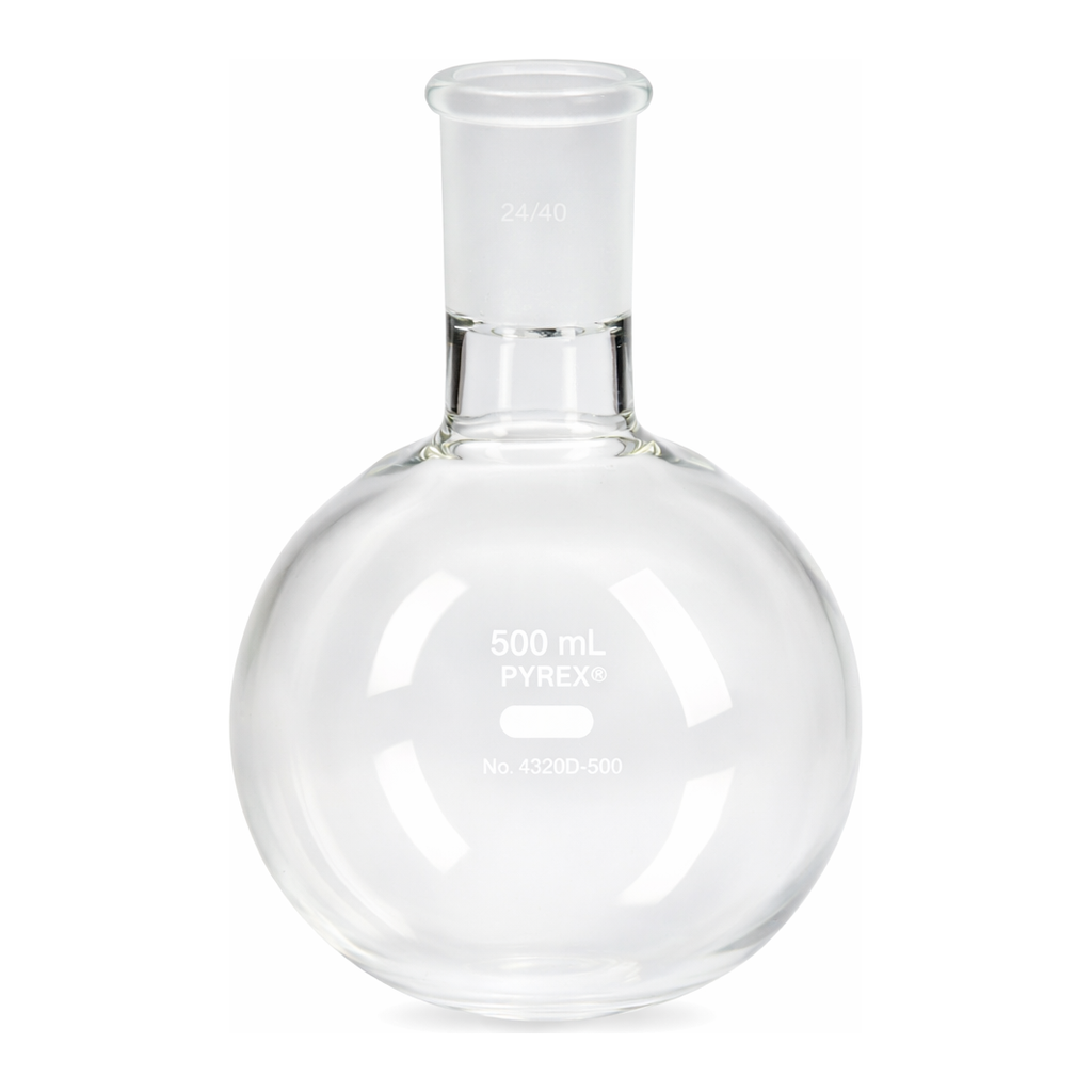 Merck Pyrex round-bottom heavy wall boiling flask, short neck with joint