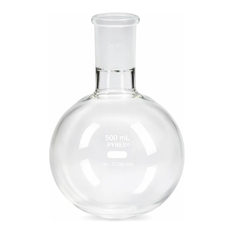 Merck Pyrex round-bottom heavy wall boiling flask, short neck with joint