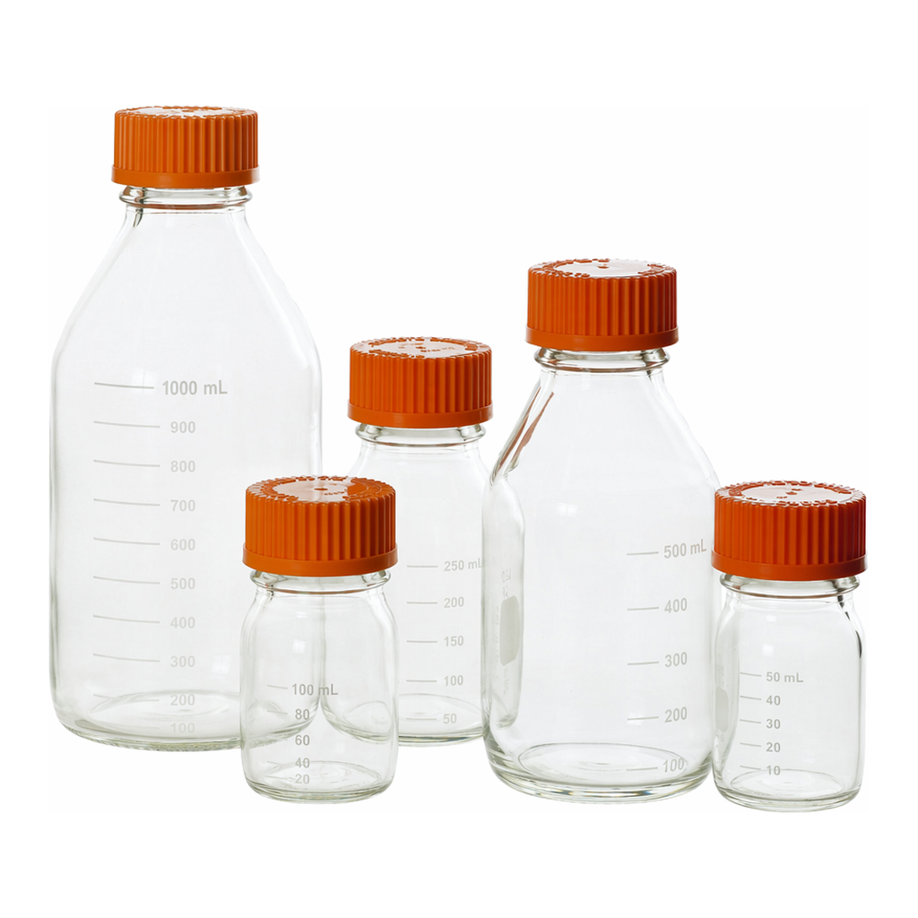 Merck Pyrex round media storage bottles and reusable screw caps