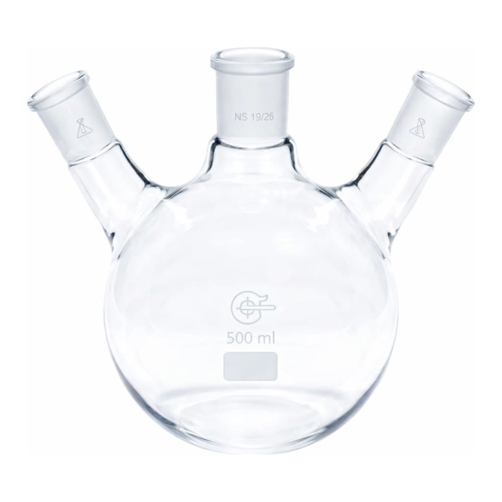 Merck Quickfit three-neck round-bottom flasks with angled necks