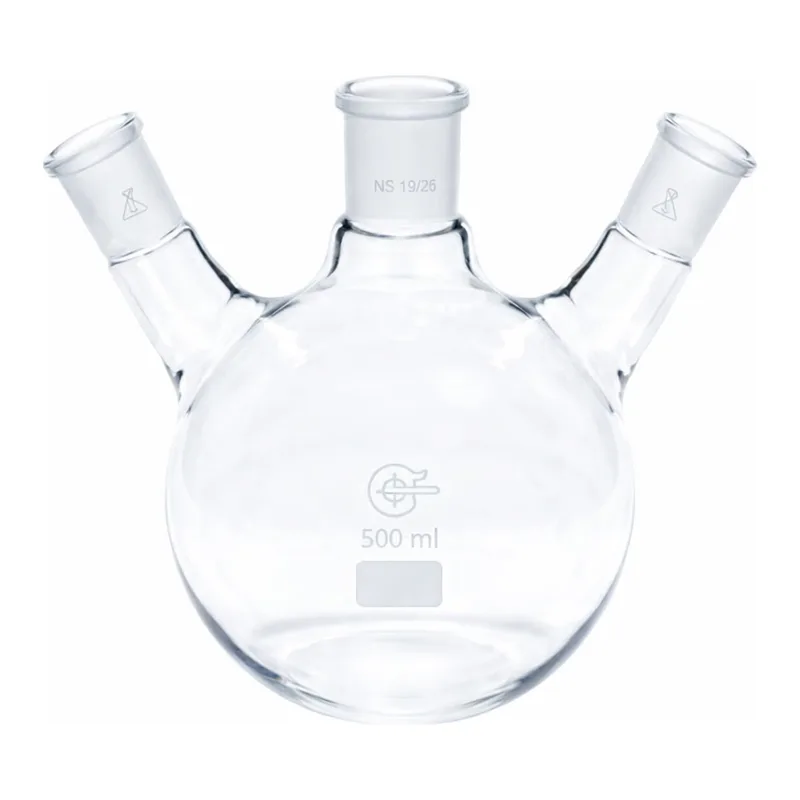 Merck Quickfit three-neck round-bottom flasks with angled necks