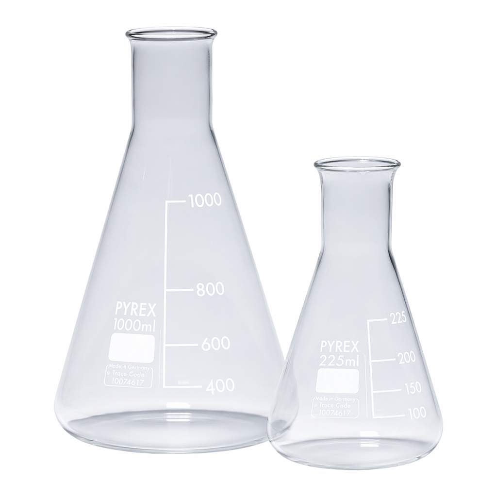 Merck Pyrex Erlenmeyer flask, narrow neck, with printed trace code
