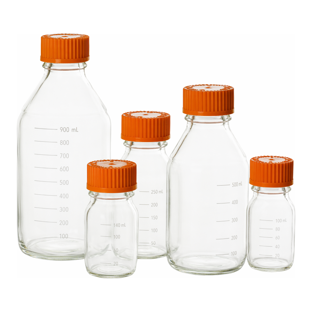 Merck Pyrex round media storage bottles and reusable screw caps