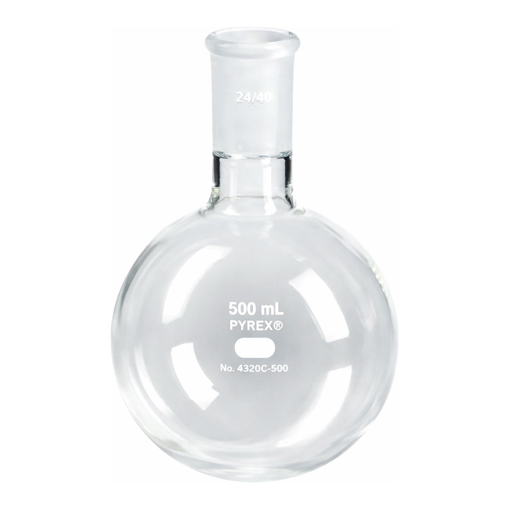 Merck Pyrex round-bottom heavy wall boiling flask, short neck with joint