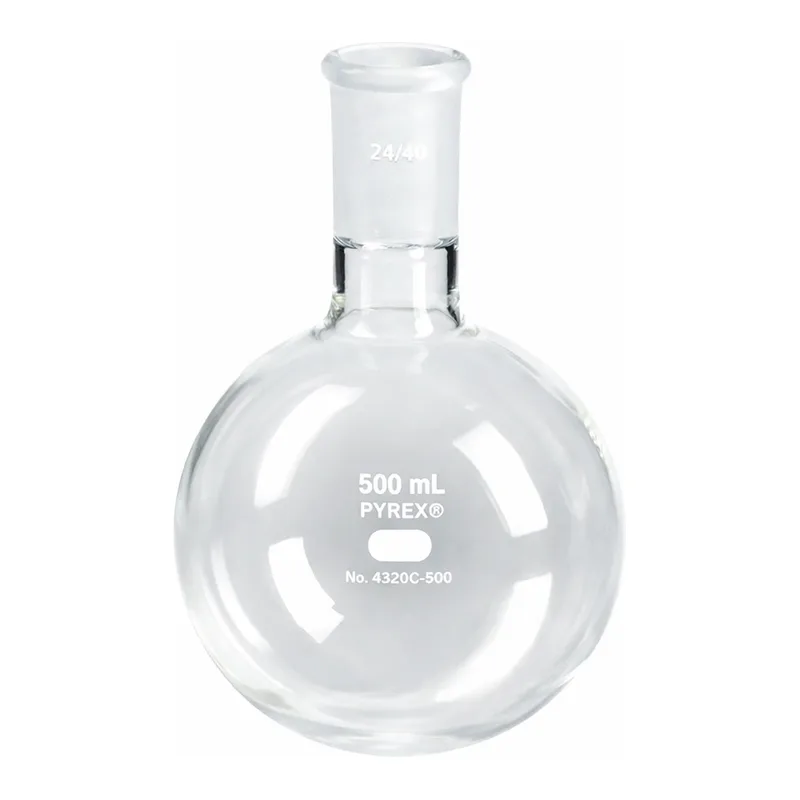 Merck Pyrex round-bottom heavy wall boiling flask, short neck with joint