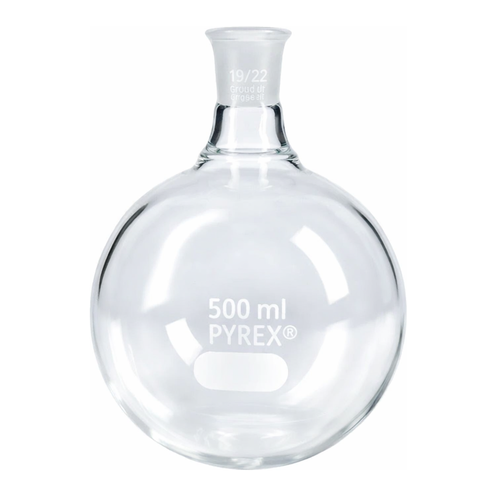 Merck Pyrex round-bottom boiling flask, short neck