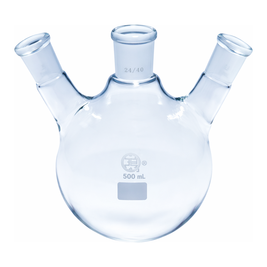 Merck Quickfit three-neck round-bottom flasks with angled necks