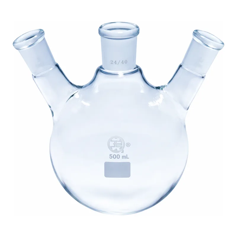 Merck Quickfit three-neck round-bottom flasks with angled necks