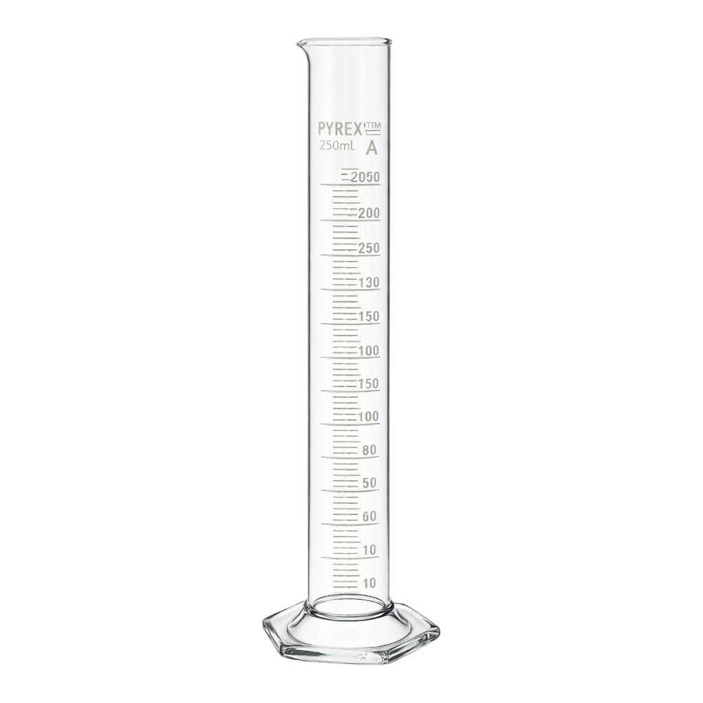 Merck Pyrex Measuring cylinder with spout, class A with white graduations